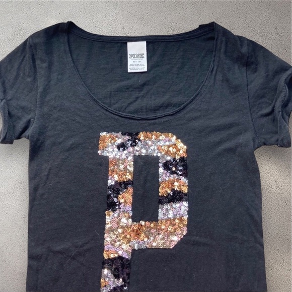 PINK Victoria's Secret Black Sequin T-Shirt leopard print sequins mcbling y2k - Picture 5 of 9